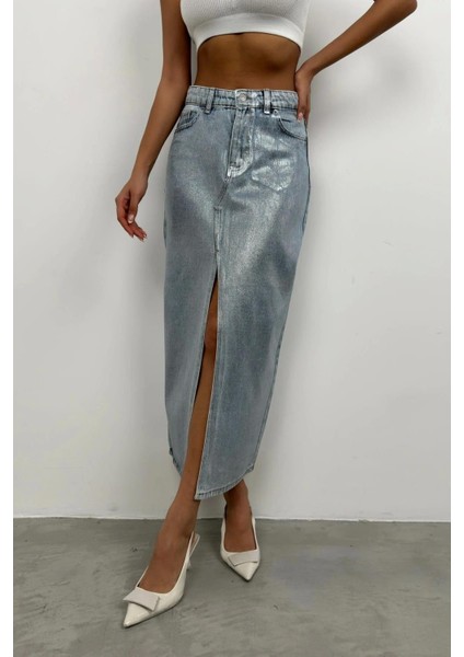 %100 Pamuk Varak Baskılı Yırtmaçlı Mavi Maxi Kot Etek indirimleri