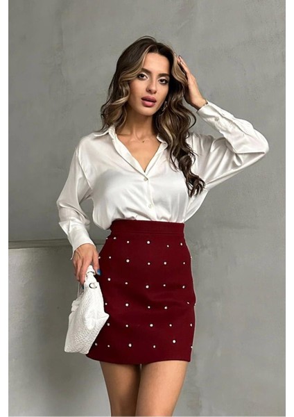 Bordo Süet Kaşe Taşlı Mini Etek