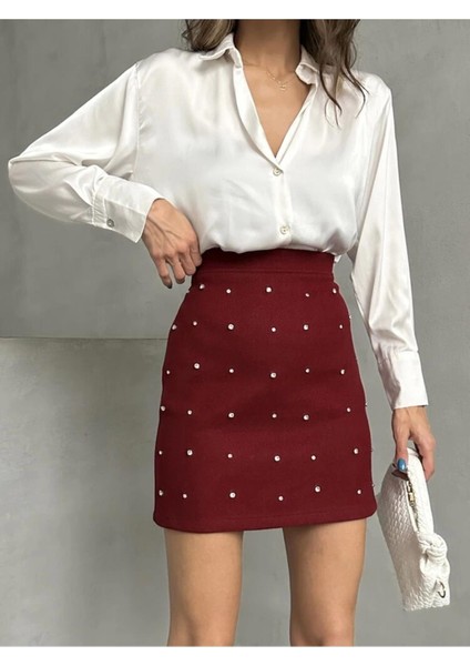 Bordo Süet Kaşe Taşlı Mini Etek fiyatları