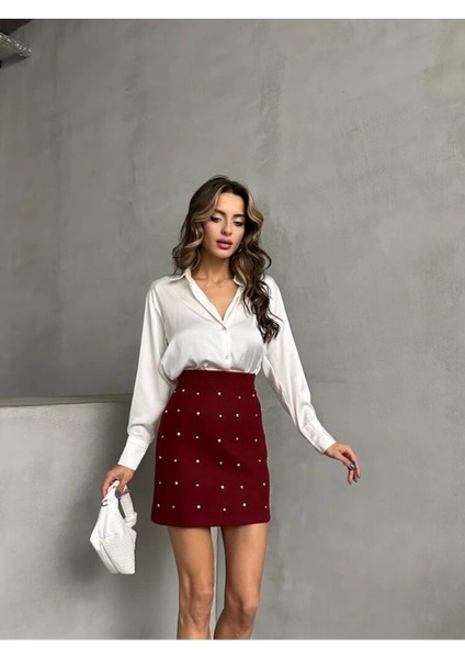 Bordo Süet Kaşe Taşlı Mini Etek modelleri