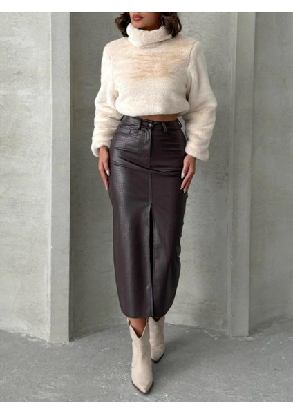 Kahve Yılan Desenli Önden Yırtmaçlı Suni Deri Midi Kadın Etek modelleri