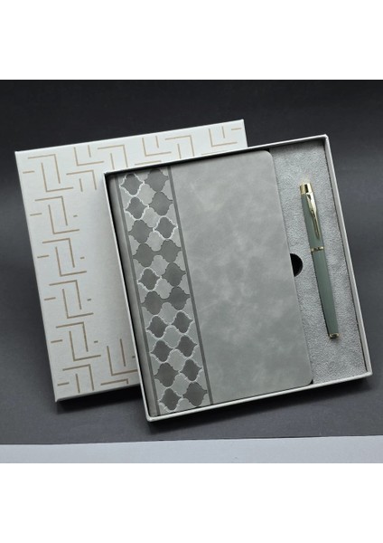 Kutulu Gri Defter ve Metal Kalem Seti