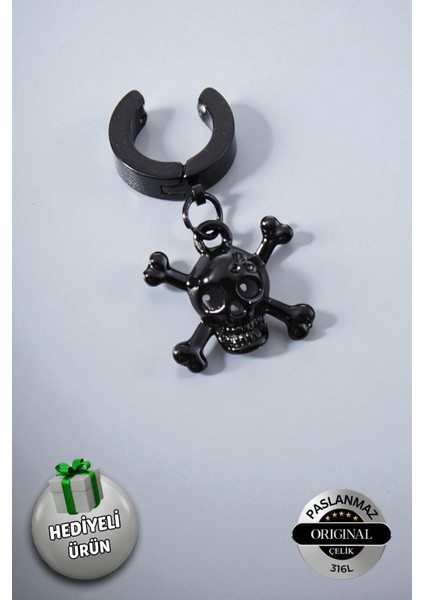 Sıkıştırmalı Mıknatıslı Kuru Kafa Model Sallantılı Erkek 316L Çelik Küpe 1 Adet