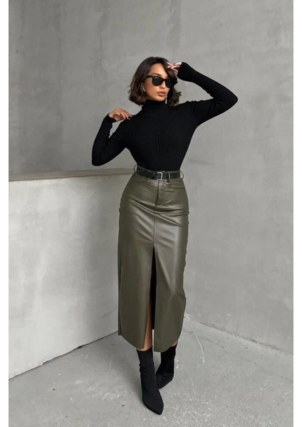 Haki Suni Deri Önden Yırtmaçlı Etek