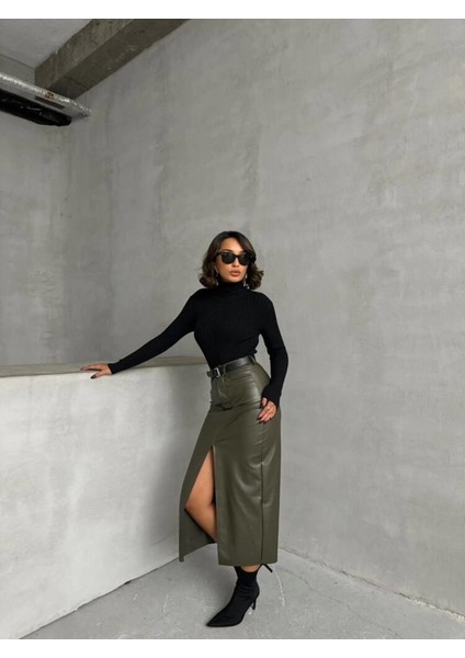 Haki Suni Deri Önden Yırtmaçlı Etek fiyatları