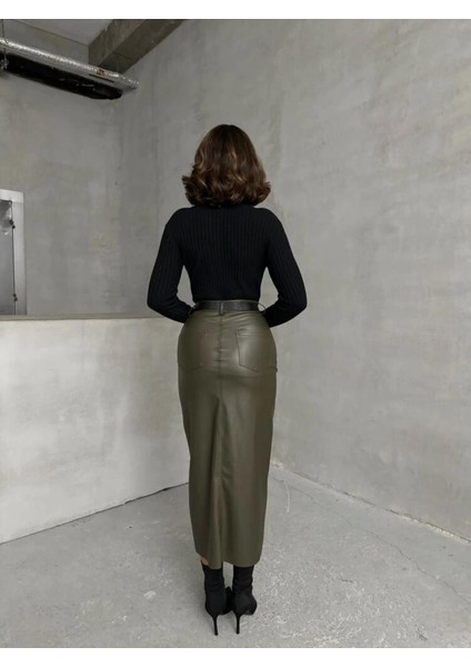 Haki Suni Deri Önden Yırtmaçlı Etek indirimleri