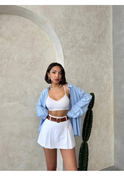 Taş Rengi Gabardin Pileli Kadın Şort Etek