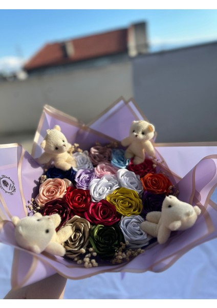 19'lu Ayıcıklı Solmayan Gül Buketi fırsatları