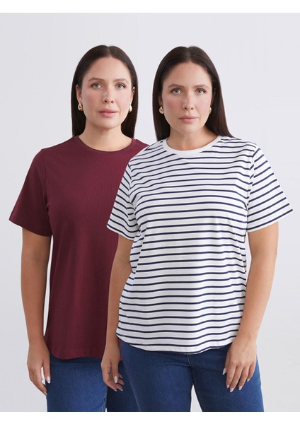 Yeni Sezon Büyük Beden Çizgili Kadın Tişört 2'li