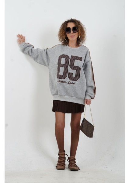 Gri Melanj Aplike Nakışlı Oversize Sweatshirt fiyatları