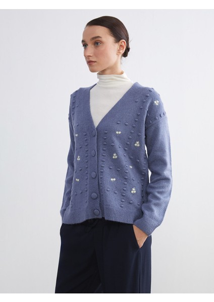 Yeni Sezon V Yaka Çiçek Nakışlı Kadın Triko Hırka