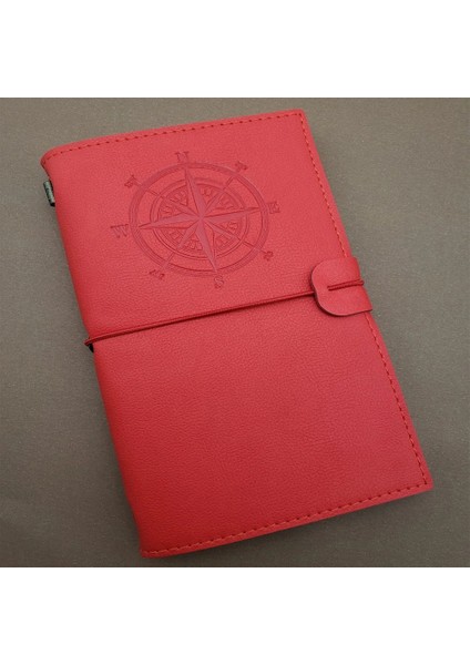 Pusula Tasarımlı Kırmızı Deri Defter