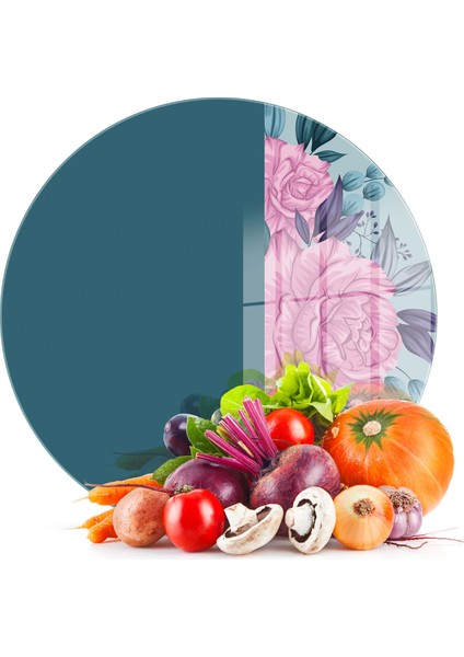 Cam Kesme Tahtası ve Sunumluk Yuvarlak Vintage Turkuaz Pembe Güller 30X30 cm