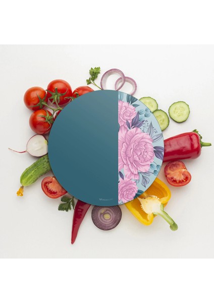 Cam Kesme Tahtası ve Sunumluk Yuvarlak Vintage Turkuaz Pembe Güller 30X30 cm modelleri