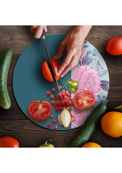 Cam Kesme Tahtası ve Sunumluk Yuvarlak Vintage Turkuaz Pembe Güller 30X30 cm fırsatları