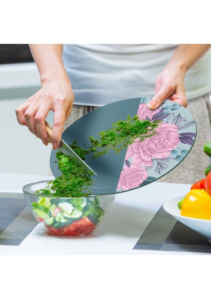 Cam Kesme Tahtası ve Sunumluk Yuvarlak Vintage Turkuaz Pembe Güller 30X30 cm indirimleri