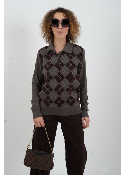 Kahve Baklava Desen Polo Yaka Kazak