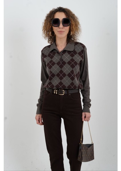 Kahve Baklava Desen Polo Yaka Kazak fiyatları