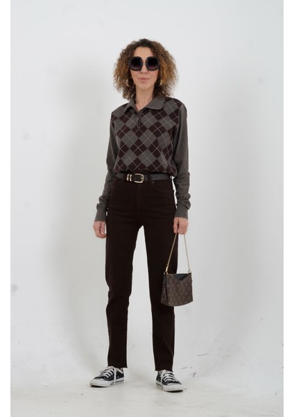 Kahve Baklava Desen Polo Yaka Kazak modelleri