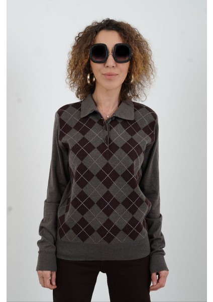 Kahve Baklava Desen Polo Yaka Kazak fırsatları