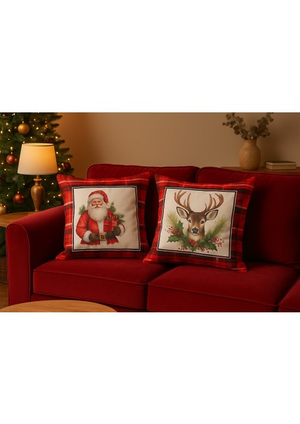 Çift Tarafı Baskılı Candy Christmas Desenli 2'li Set Kadife Kırlent Kılıfı Yılbaşı - Noel
