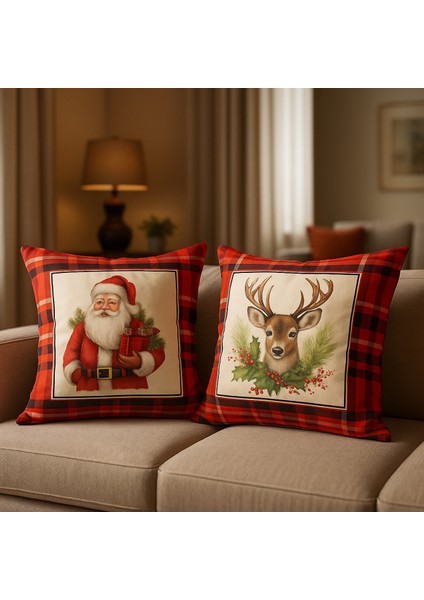 Çift Tarafı Baskılı Candy Christmas Desenli 2'li Set Kadife Kırlent Kılıfı Yılbaşı - Noel modelleri