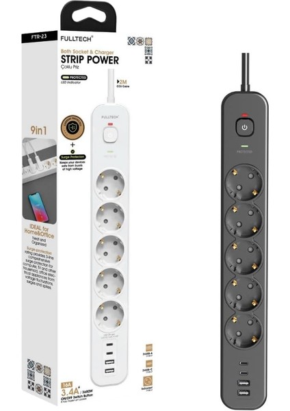 Korumalı Priz, 5'li Priz Soketi, 5x Fiş Soketi, 2x USB Girişi, 2x Type-C Girişi, Dayanıklı Yapı, 2 Metre Kablo Uzunluğu, Aşırı Gerilim Çoğaltıcı (16A/3680W)