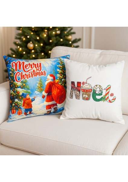 Çift Tarafı Baskılı Candy Christmas Desenli 2'li Set Kadife Kırlent Kılıfı Yılbaşı - Noel