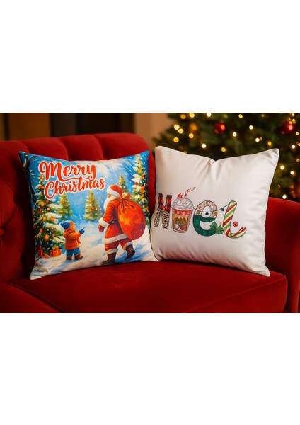 Çift Tarafı Baskılı Candy Christmas Desenli 2'li Set Kadife Kırlent Kılıfı Yılbaşı - Noel fiyatları