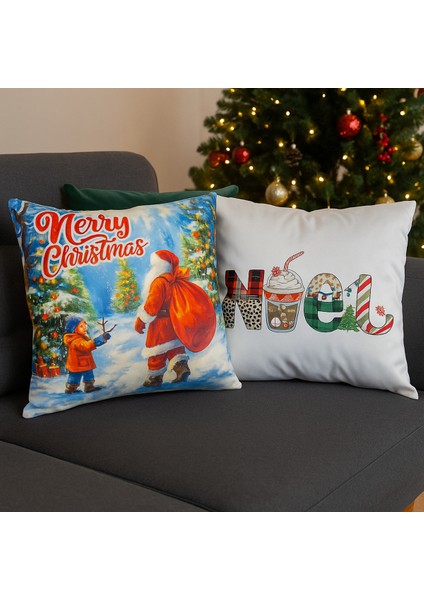 Çift Tarafı Baskılı Candy Christmas Desenli 2'li Set Kadife Kırlent Kılıfı Yılbaşı - Noel modelleri