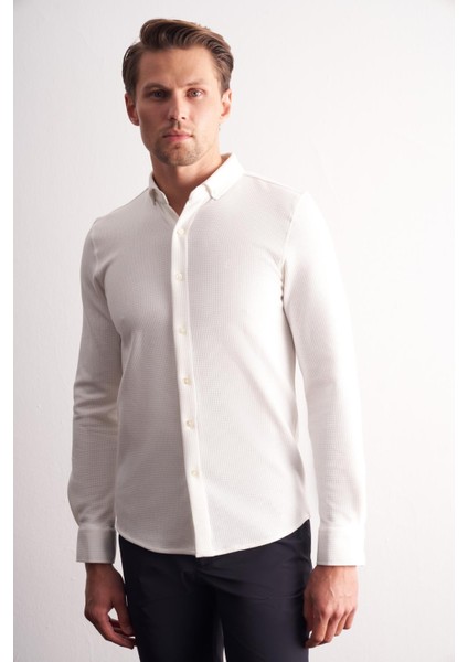 Ekru Uzun Kol Düğmeli Yaka Kendinden Desenli Pamuklu Slim Fit Gömlek 1004255267 modelleri