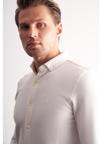 Ekru Uzun Kol Düğmeli Yaka Kendinden Desenli Pamuklu Slim Fit Gömlek 1004255267 fırsatları