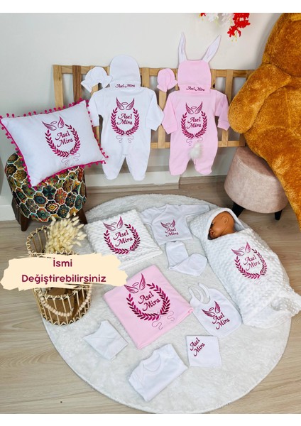 Isimli Hastane Çıkış Seti ve Bebek Takı Yastığı , Nakışlı %100 Pamuk 16 Parça Yenidoğan Set 0-3 Ay