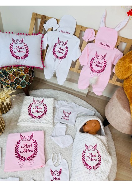 Isimli Hastane Çıkış Seti ve Bebek Takı Yastığı , Nakışlı %100 Pamuk 16 Parça Yenidoğan Set 0-3 Ay fiyatları