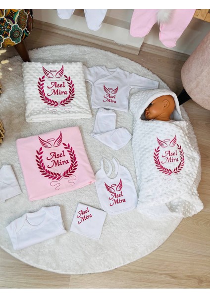 Isimli Hastane Çıkış Seti ve Bebek Takı Yastığı , Nakışlı %100 Pamuk 16 Parça Yenidoğan Set 0-3 Ay modelleri