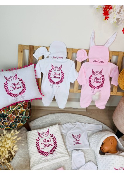 Isimli Hastane Çıkış Seti ve Bebek Takı Yastığı , Nakışlı %100 Pamuk 16 Parça Yenidoğan Set 0-3 Ay fırsatları