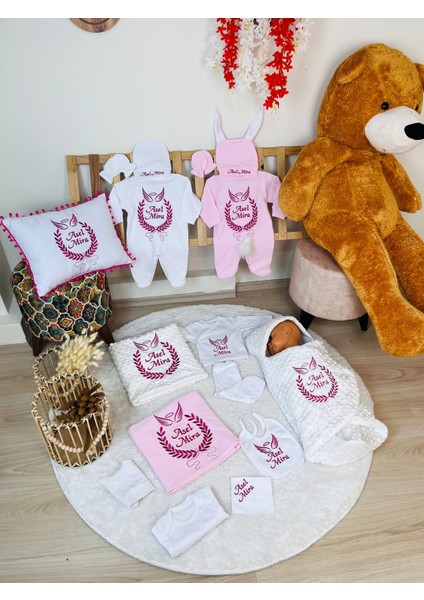 Isimli Hastane Çıkış Seti ve Bebek Takı Yastığı , Nakışlı %100 Pamuk 16 Parça Yenidoğan Set 0-3 Ay indirimleri