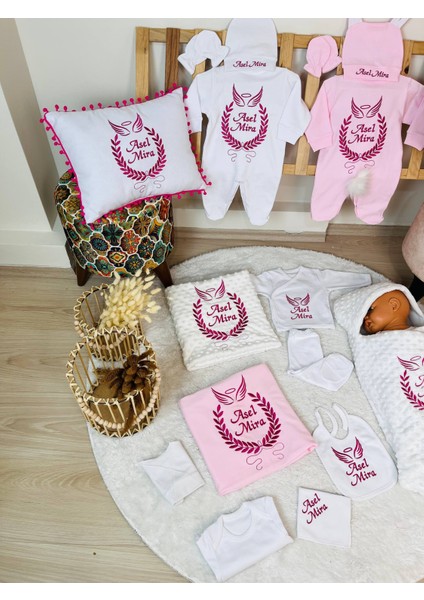 Isimli Hastane Çıkış Seti ve Bebek Takı Yastığı , Nakışlı %100 Pamuk 16 Parça Yenidoğan Set 0-3 Ay