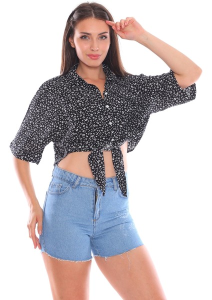 Önden Bağlamalı Mavi Salaş Kadın Gömlek