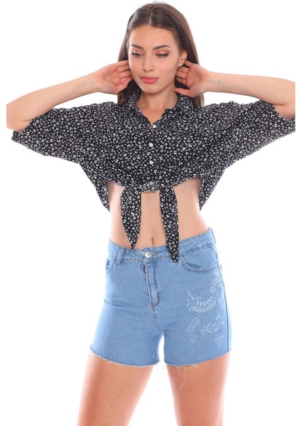 Önden Bağlamalı Mavi Salaş Kadın Gömlek fiyatları