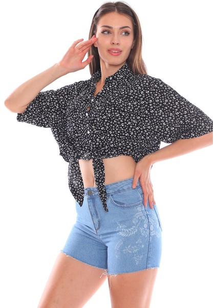 Önden Bağlamalı Mavi Salaş Kadın Gömlek modelleri