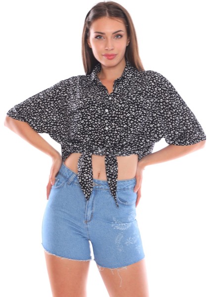 Önden Bağlamalı Mavi Salaş Kadın Gömlek fırsatları