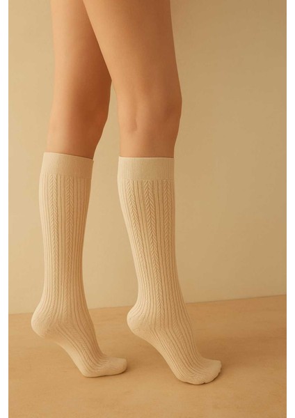 Kadın Örgü Desenli Kışlık 200 Den Knıt Krem Dizaltı Çorap