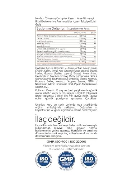 Novlex Ginseng Complex Kore (Panax)-Sibirya-Amerikan Ginsengi, Nadh, Taurin, Arjinin, Guarana 250ML modelleri