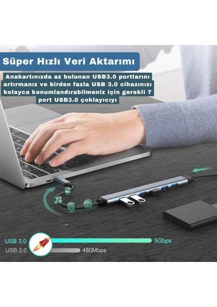 7in1 USB ve Type-C Girişli USB Çoğaltıcı 7in1 USB 3.0 Çoğaltıcı Type-C To USB Çevirici Akım Korumalı modelleri