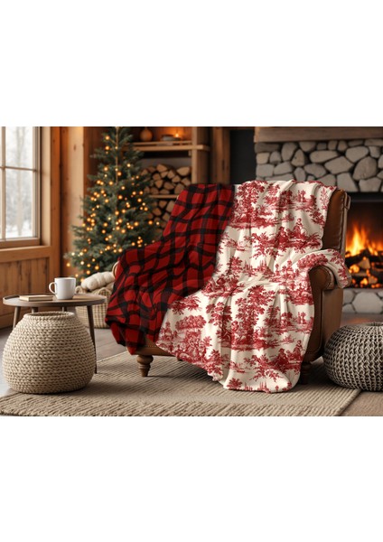 Winterfell Yün Kadife Ekose Çift Taraflı Tv Battaniyesi Red Forrest 140X190