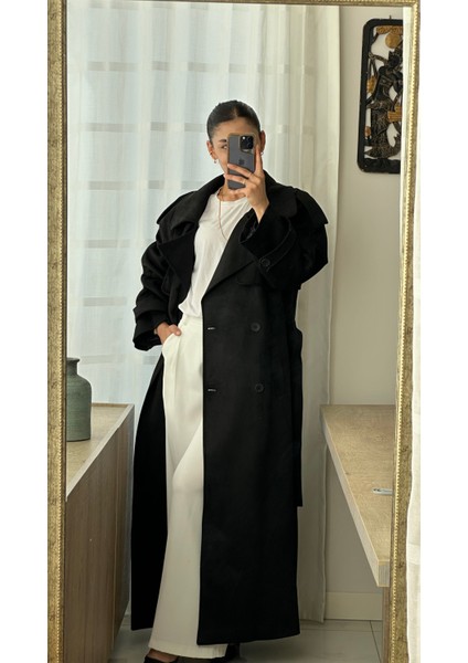 Uzun Siyah Süet Vatkalı Trençkot