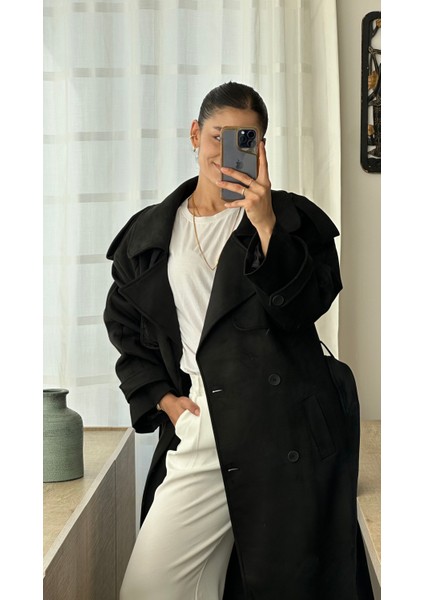 Uzun Siyah Süet Vatkalı Trençkot modelleri