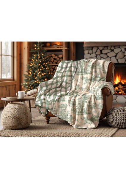 Winterfell Yün Kadife Ekose Çift Taraflı Tv Battaniyesi Green Forrest 140X190