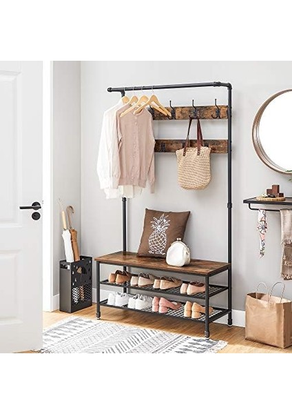 Endüstriyel Tasarım, Tezgahlı, Su Elemanlı Büyük Askısı, 9 Kancalı ve Ayakkabı Askılı, Çok Fonksiyonlu Koridor, Ağır Hizmet Tipi Metal Çerçeve HSR47BX fiyatları